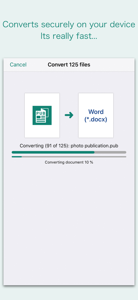 PUB Converterアプリのインターフェースで、Microsoft PublisherからWordドキュメントへの一括変換プロセスが表示されている様子