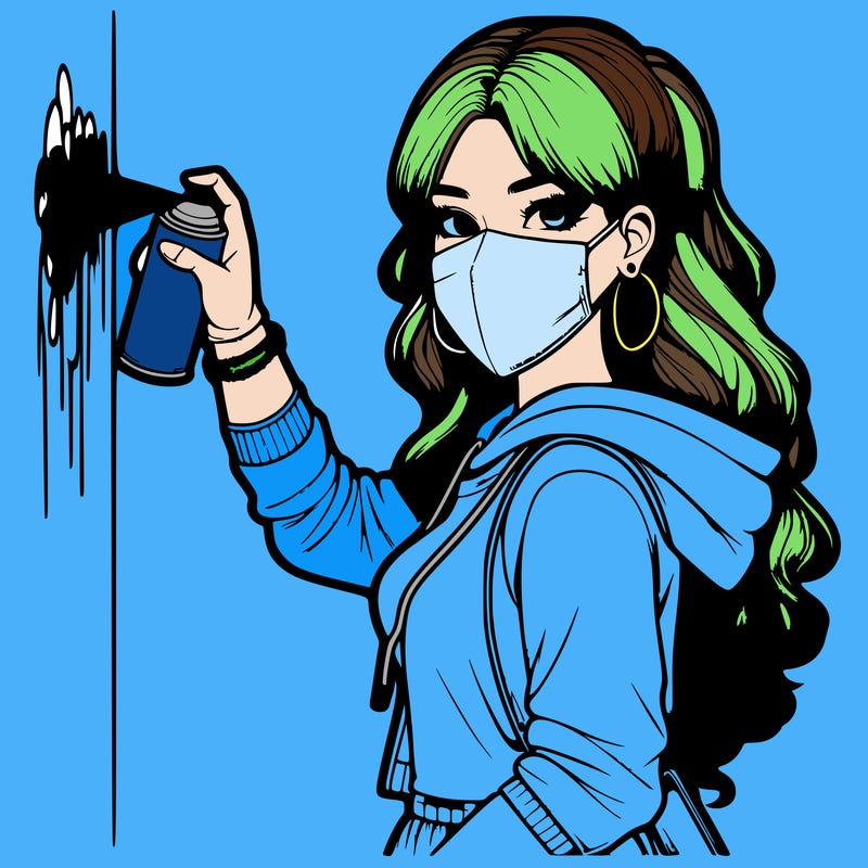 realistic girl with mask spray painting a wall