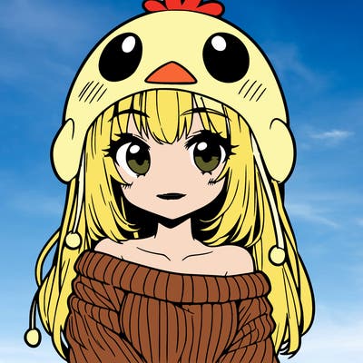 anime girl with chick shaped hat with sweater with bare shoulders with bangs covering them one eye with low tail