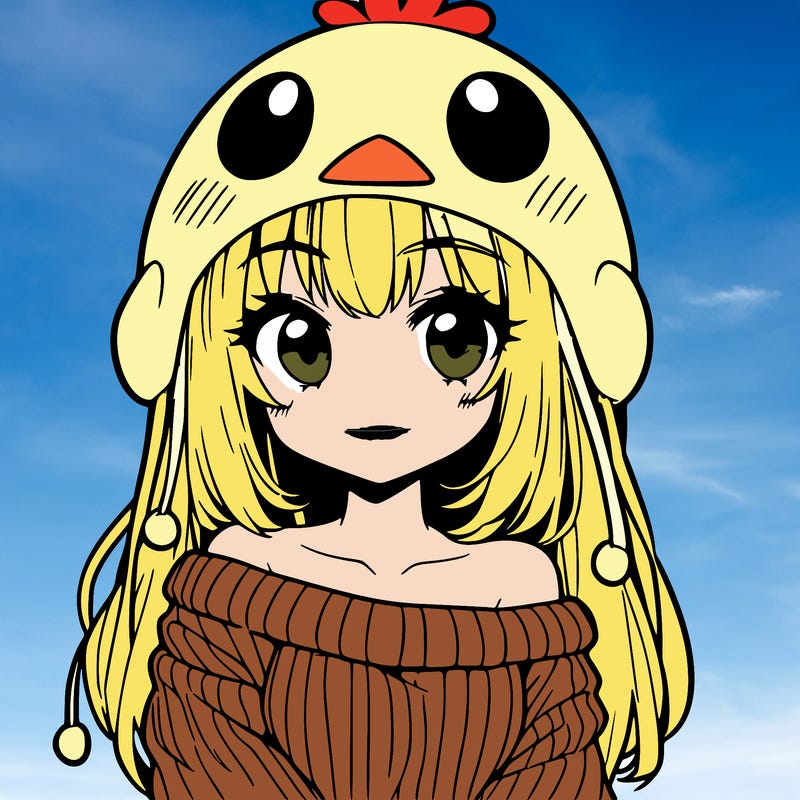 anime girl with chick shaped hat with sweater with bare shoulders with bangs covering them one eye with low tail