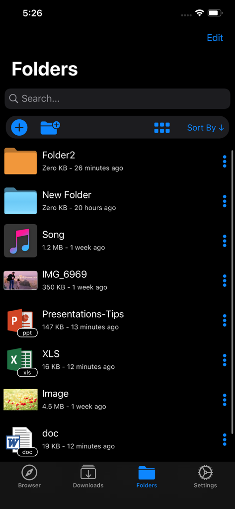 My FileManager - Documents - Interface of the My FileManager app showing a list of organized folders and various file formats like PPT XLS and DOC