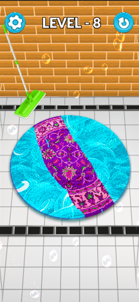 Satisfying Home Deep Cleaning - Limpando um tapete redondo com bolhas de sabão azuis em um jogo satisfatório de limpeza doméstica