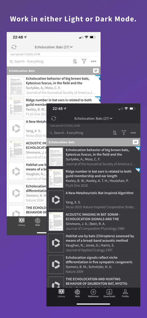 Interface do aplicativo móvel EndNote exibindo uma lista de referências de pesquisa em opções de modo claro e escuro