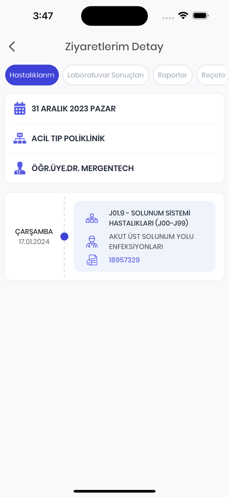 Cep Hastane - Mobile app screen showing medical visit history and diagnosis details in Turkish
