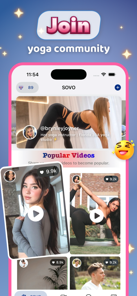 Sovo - - Sovo mobile app interface displaying popular yoga videos and a community feed for practitioners