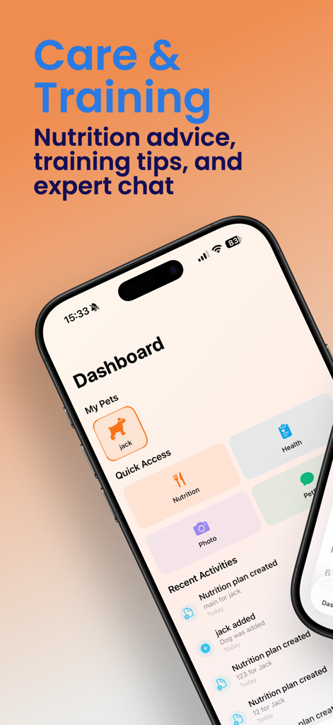Pet Manager: AI Pet Care - Pet Manager dashboard screen on iPhone showing pet health and nutrition tracking features