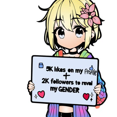 amine girl holding up a sign that says 5k likes on my profile and 2k followers to reveal my gender