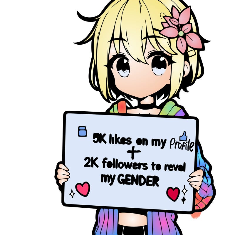 amine girl holding up a sign that says 5k likes on my profile and 2k followers to reveal my gender
