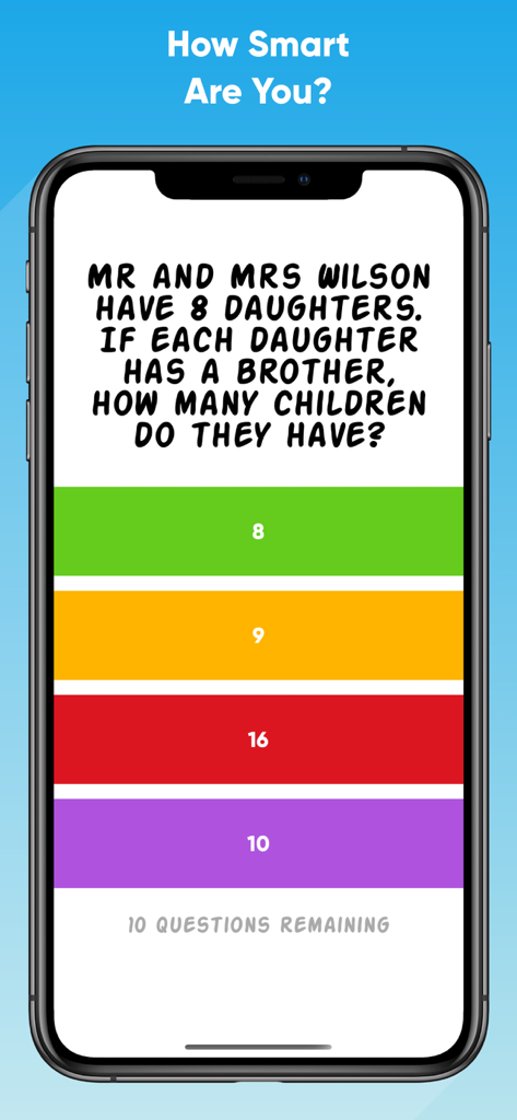 Un acertijo de lógica complicado en la pantalla de un móvil de la aplicación Impossible Quiz preguntando por el número de hijos en una familia.