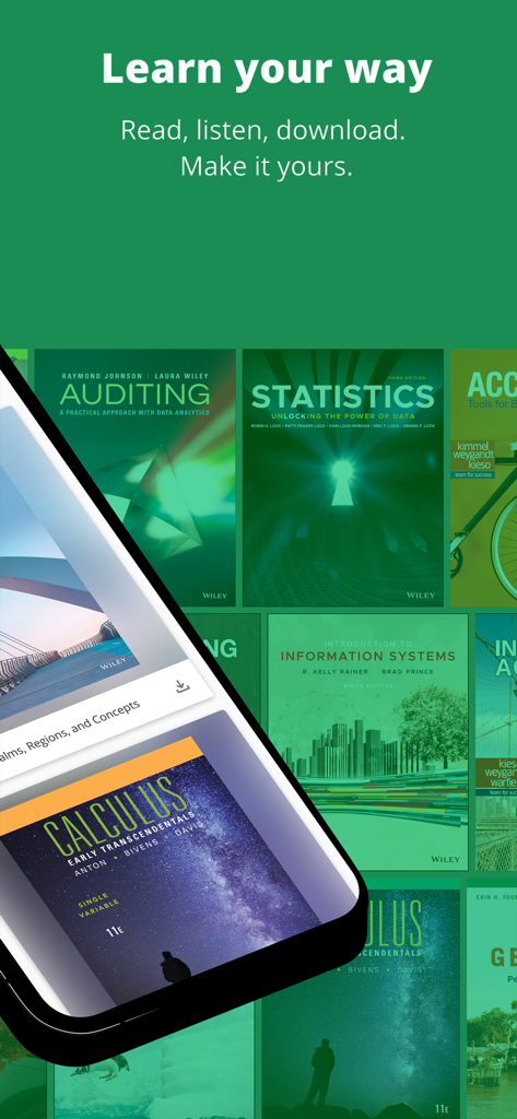 Wiley Reader - A mobile phone displaying the Wiley Reader app with a collection of academic textbooks.