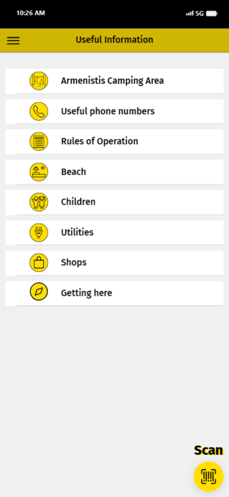 Armenistis - Menú de información útil en la app de camping Armenistis que muestra categorías como playa y servicios