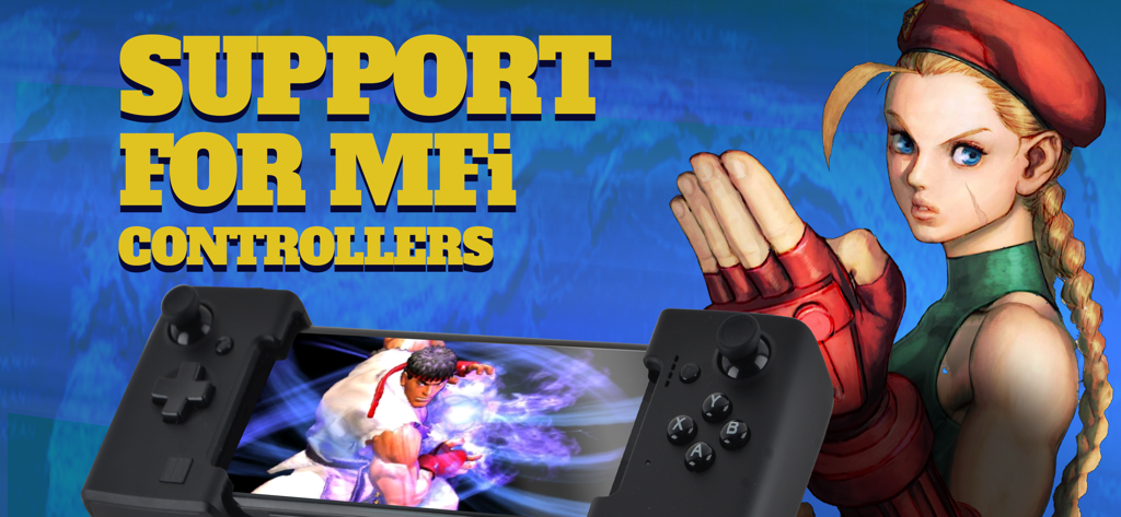 Street Fighter IV CE - Promotional banner for Street Fighter IV CE highlighting support for MFi controllers with the character Cammy.