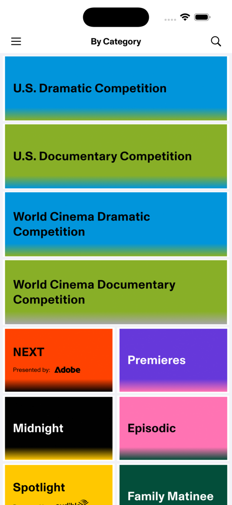 Sundance Film Festival 2026 - 선댄스 영화제 2026 앱 영화 카테고리 화면