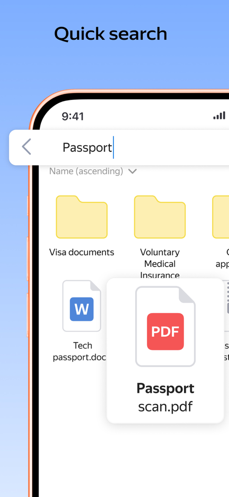 Mobile screen showing Yandex Disk quick search feature finding a passport PDF scan among other documents and folders