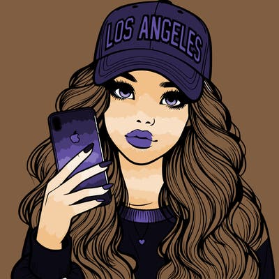 realistic beautiful girl wearing los ángeles cap holding an iphone