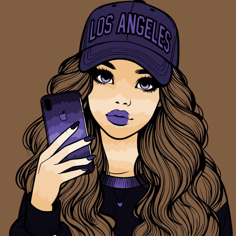 realistic beautiful girl wearing los ángeles cap holding an iphone