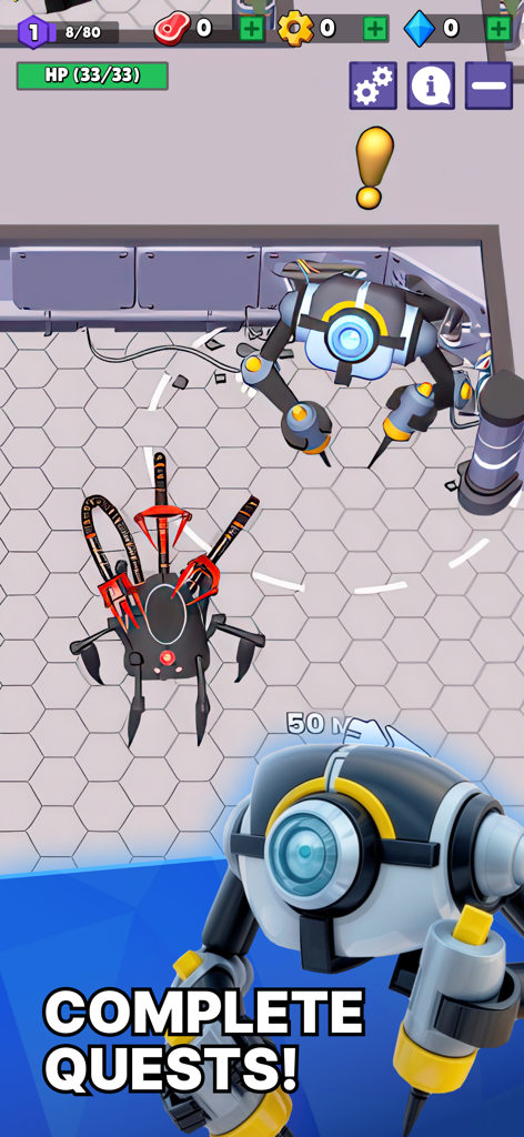 Robot Revenge - Idle Arcade - A robot and a spider-like machine in Robot Revenge with the caption Complete Quests.