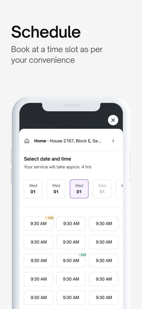 Urban Company (Prev UrbanClap) - Urban Company app interface showing the date and time slot selection for booking a service