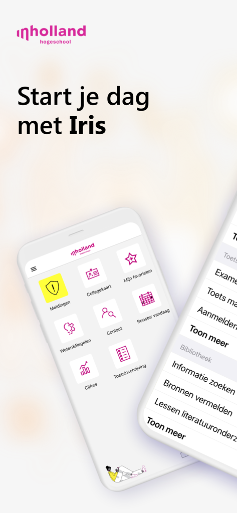 Inholland Iris - Inholland Iris app interface showing student dashboard with icons for grades, schedule and notifications