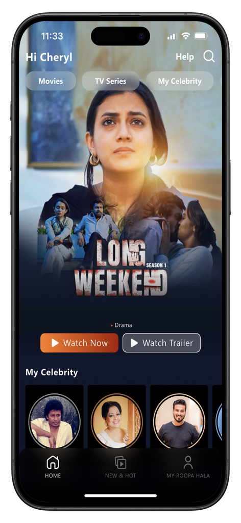 Roopa Hala mobile app home screen featuring the Sinhala TV series Long Weekend and Sri Lankan celebrity profiles