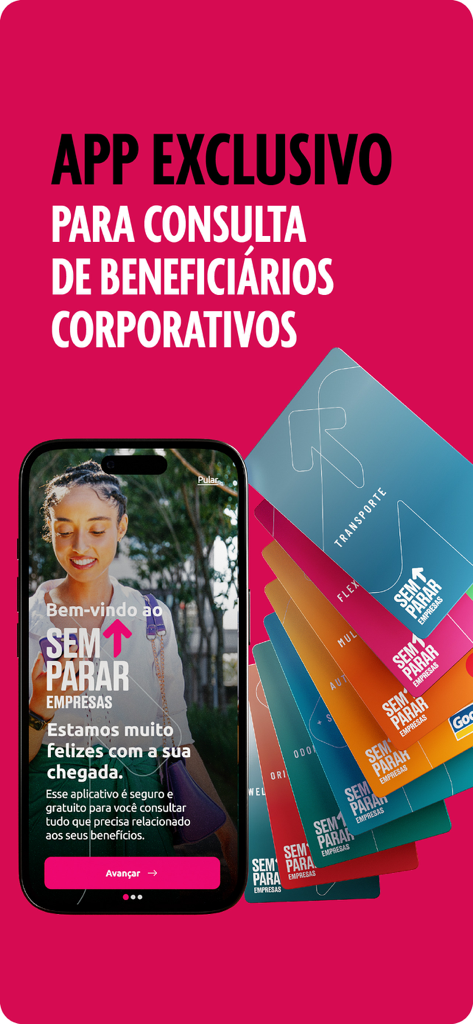 Promotion of a mobile app for corporate benefits showing a smartphone with a welcome screen and several benefit cards like transport and Sem Parar