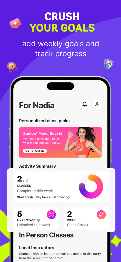 Zumba app dashboard displaying weekly fitness goals, class progress, and activity summary