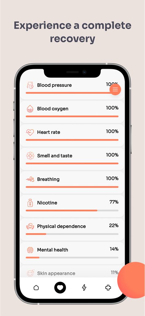 Flamy app interface showing health recovery indicators like blood pressure blood oxygen and heart rate after quitting smoking