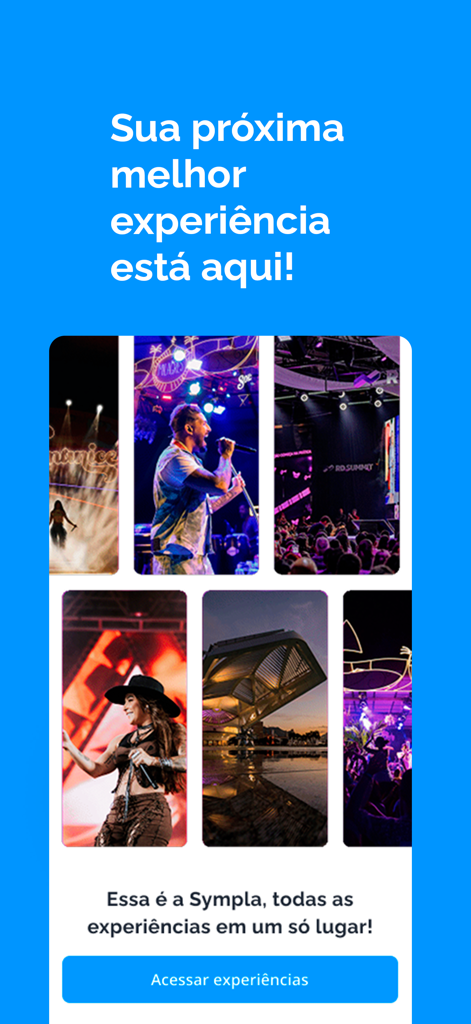 Pantalla de bienvenida de la aplicación Sympla con un collage de conciertos y eventos culturales.