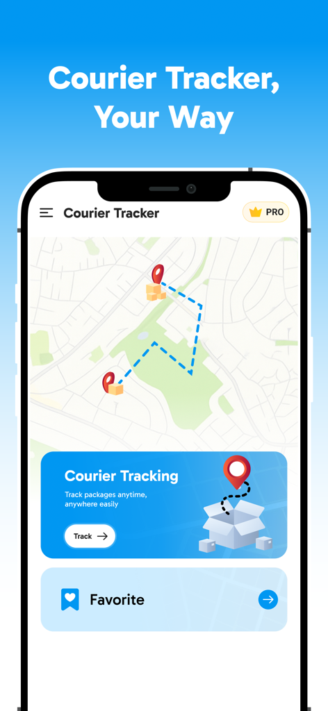 Package Tracker : Courier Info - Courier Tracker app interface showing a delivery route on a map