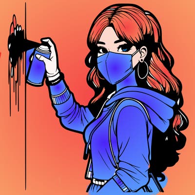 realistic girl with mask spray painting a wall