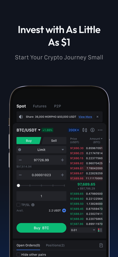 MEXC: Buy Bitcoin BTC & Crypto - App mobile MEXC che mostra un'interfaccia di trading spot per Bitcoin con un messaggio di investimento minimo di un dollaro.