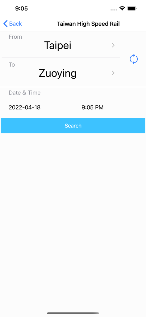 GoTW app search screen for Taiwan High Speed Rail schedules from Taipei to Zuoying