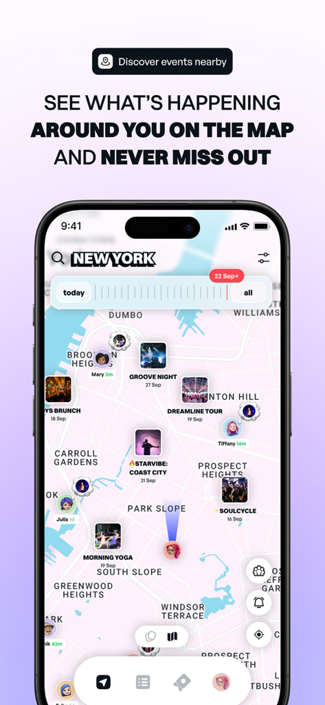 Clyx: Genuine Friends & Events - Map view in Clyx app showing local events like brunch and yoga in New York City