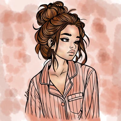realistic woman with pajamas on and a messy bun