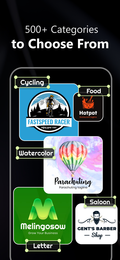AI Logo Maker: Flyer Generator - Screenshot of the AI Logo Maker app displaying over 500 logo design categories like cycling food and watercolor