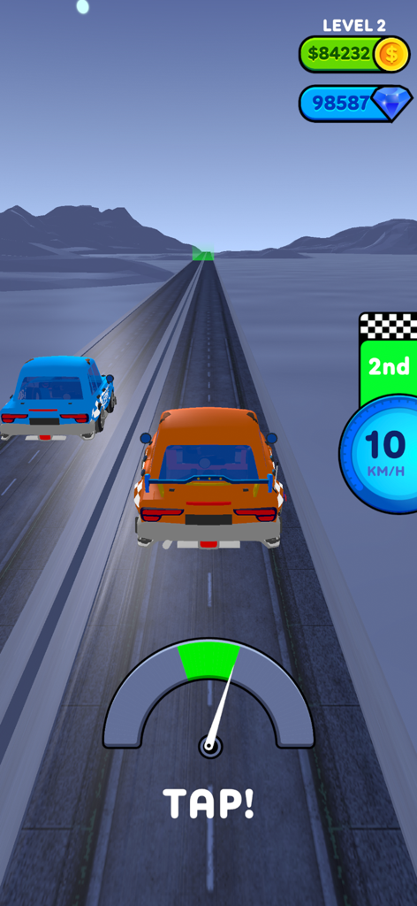 Driver's Journey - Carro laranja correndo contra um carro azul em uma estrada no jogo mobile Drivers Journey