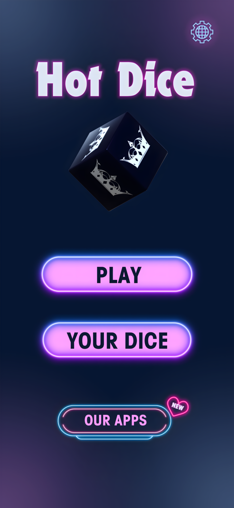 Sex Dice: Explore New Desires - Menú principal de la aplicación Dados Eróticos titulado Hot Dice con un dado negro en 3D y botones para jugar y dados personalizados.