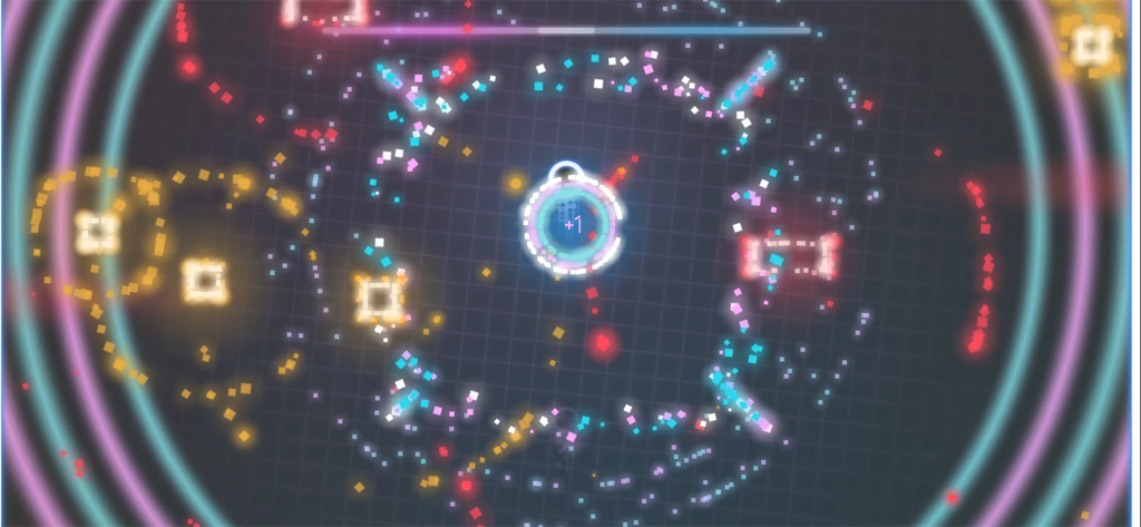 Ding Dong XL - Fast paced neon arcade gameplay of Ding Dong XL showing colorful particles and glowing rings on a grid background