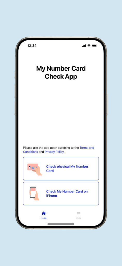 Pantalla de inicio de la aplicación My Number Card Check mostrando opciones para verificar una tarjeta física o una tarjeta almacenada en iPhone.