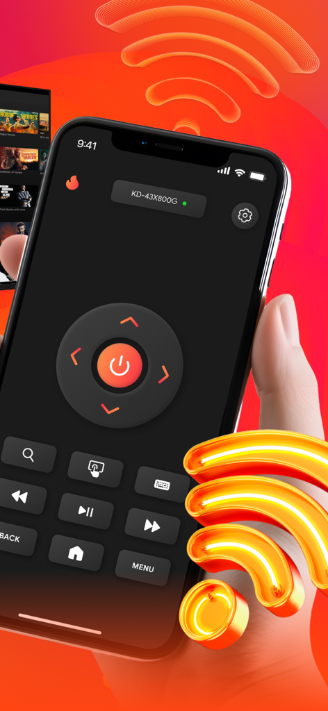 Smart TV Remote App. - Smart TV remote app on an iPhone featuring virtual navigation controls and playback buttons.