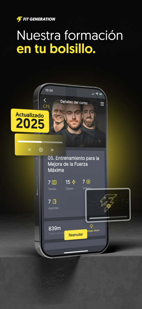 Interfaz móvil de Fit Generation Academy mostrando un curso profesional de fitness sobre mejora de la fuerza máxima con lecciones en video y notas de entrenamiento