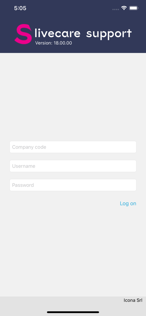 Schermata di accesso dell'app Livecare Support con campi per codice aziendale, nome utente e password