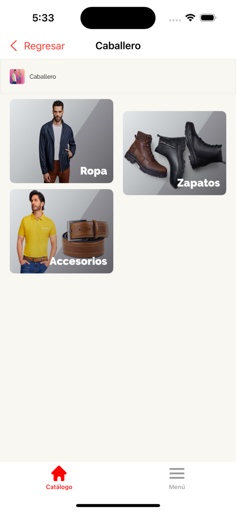 CklassApp - Pantalla de la categoría de moda masculina de CklassApp mostrando secciones de ropa, calzado y accesorios