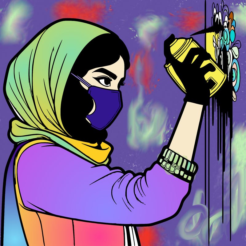 realistic girl with mask spray painting a wall