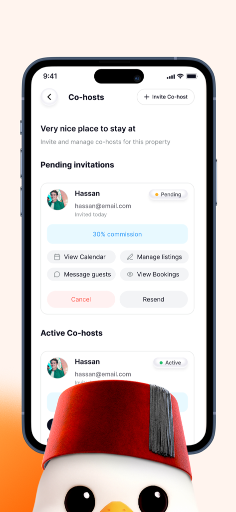 Trevo – Travel & Stays - Écran mobile montrant l'interface de gestion du co-hôte dans l'application de voyage Trevo.
