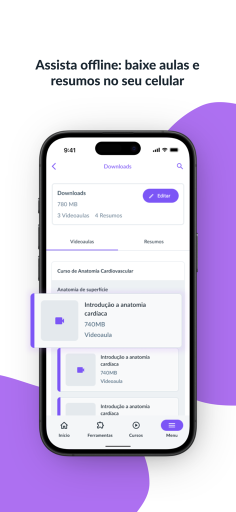 Jaleko - Curso de Medicina - Interface do aplicativo de estudo médico Jaleko mostrando a tela de downloads para videoaulas offline e resumos de estudo