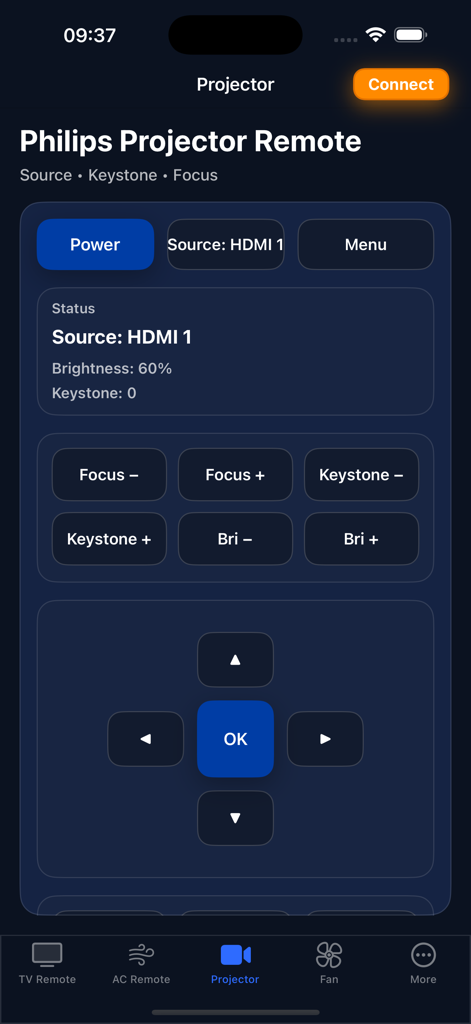 Philips TV Remote ~ - Interface of a smartphone app used as a remote control for a Philips projector featuring focus keystone and brightness settings