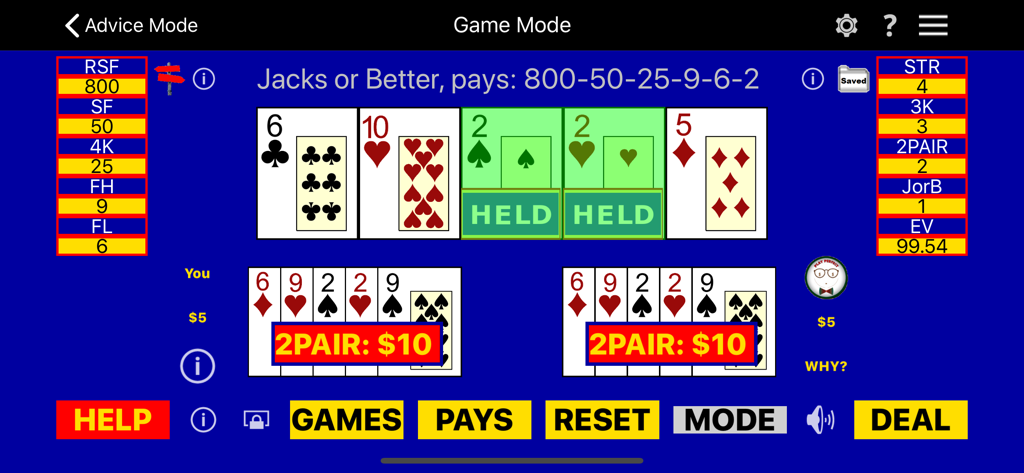 Play Perfect Video Poker Lite Game Mode Oberfläche, die die Strategie und Auszahlungen für Jacks or Better Hände zeigt