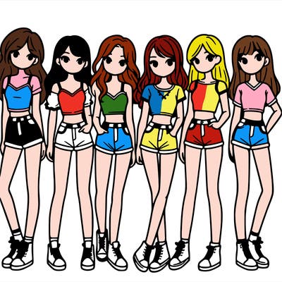 a group of girls wearing crop tops and shorts