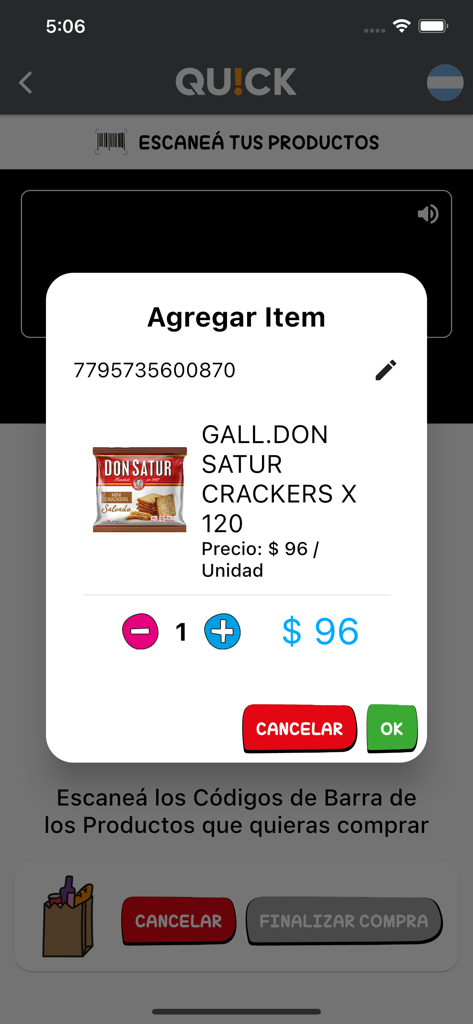 Quick Scan and Go app screen for adding a scanned item to the shopping cart